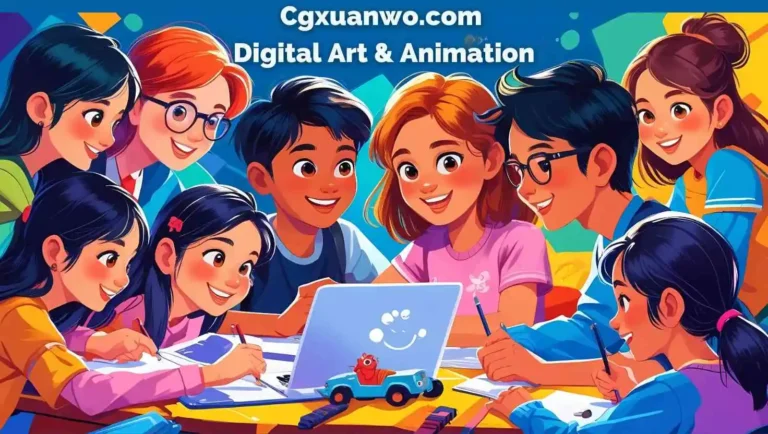 Colorful digital animation for kids featuring playful characters and the text "Cgxuanwo.com" prominently displayed